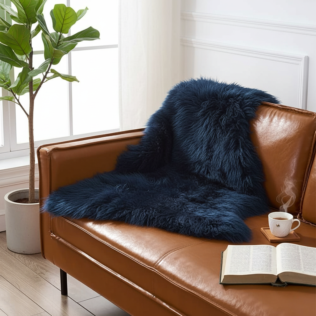 Fluffy Genuine Sheepskin Rug – Premium New Zealand Single Pelt Wool Throw (Navy,2x3 ft)
