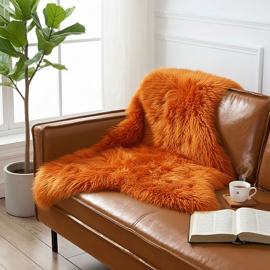 Natural Orange Sheepskin Rug – Soft New Zealand Lambskin Fur Fluffy Area Rug for Bedroom and Living Room, (Single Pelt 2x3ft)