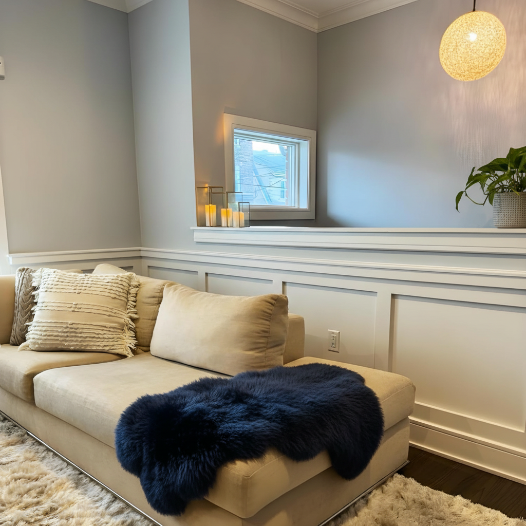 Fluffy Genuine Sheepskin Rug – Premium New Zealand Single Pelt Wool Throw (Navy,2x3 ft)
