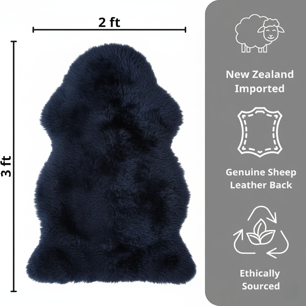 Fluffy Genuine Sheepskin Rug – Premium New Zealand Single Pelt Wool Throw (Navy,2x3 ft)