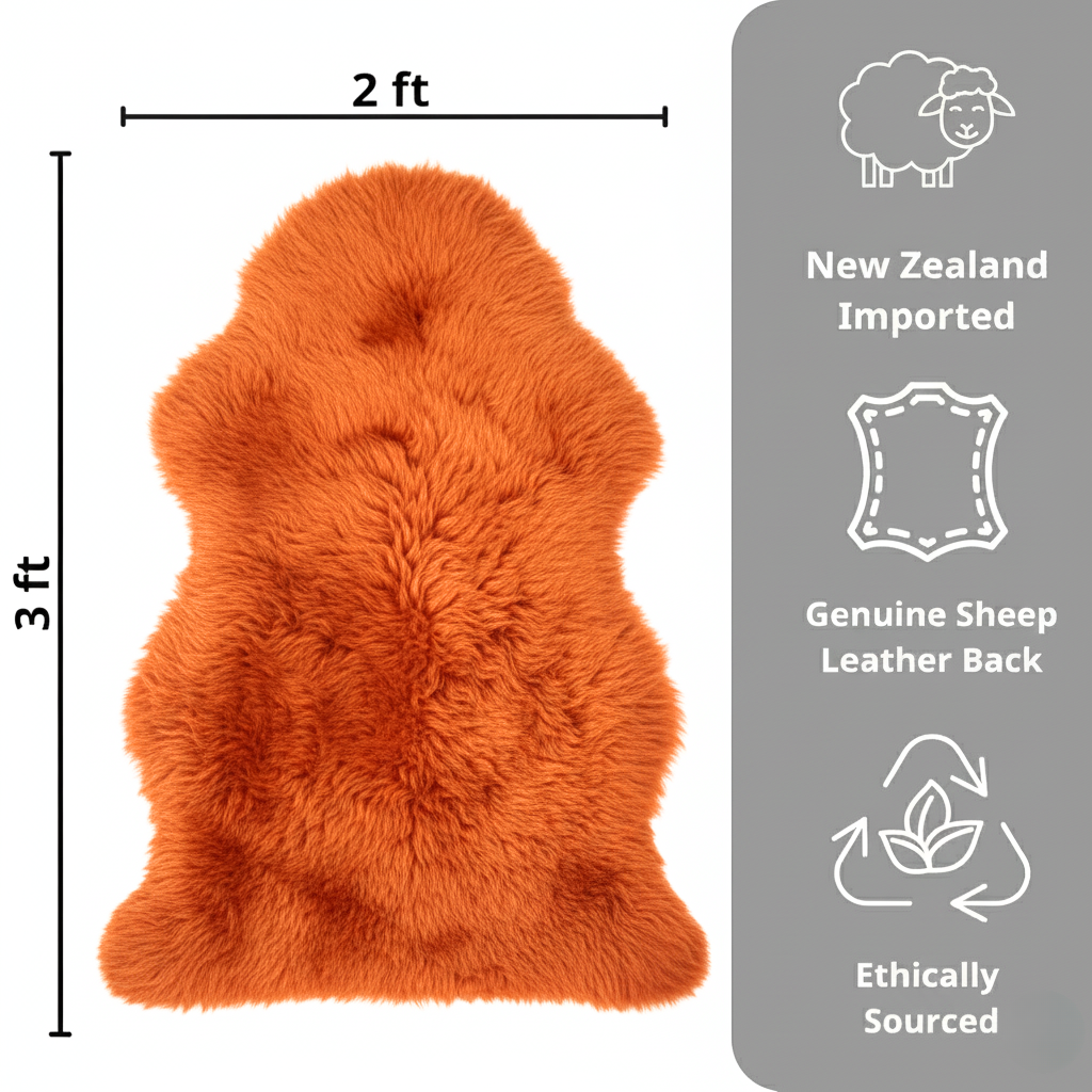 Natural Orange Sheepskin Rug – Soft New Zealand Lambskin Fur Fluffy Area Rug for Bedroom and Living Room, (Single Pelt 2x3ft)