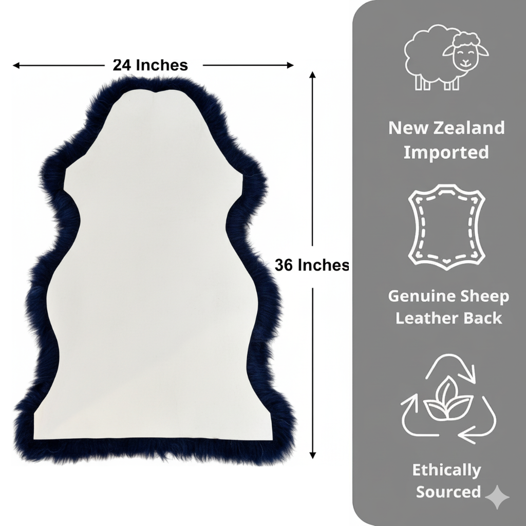 Fluffy Genuine Sheepskin Rug – Premium New Zealand Single Pelt Wool Throw (Navy,2x3 ft)
