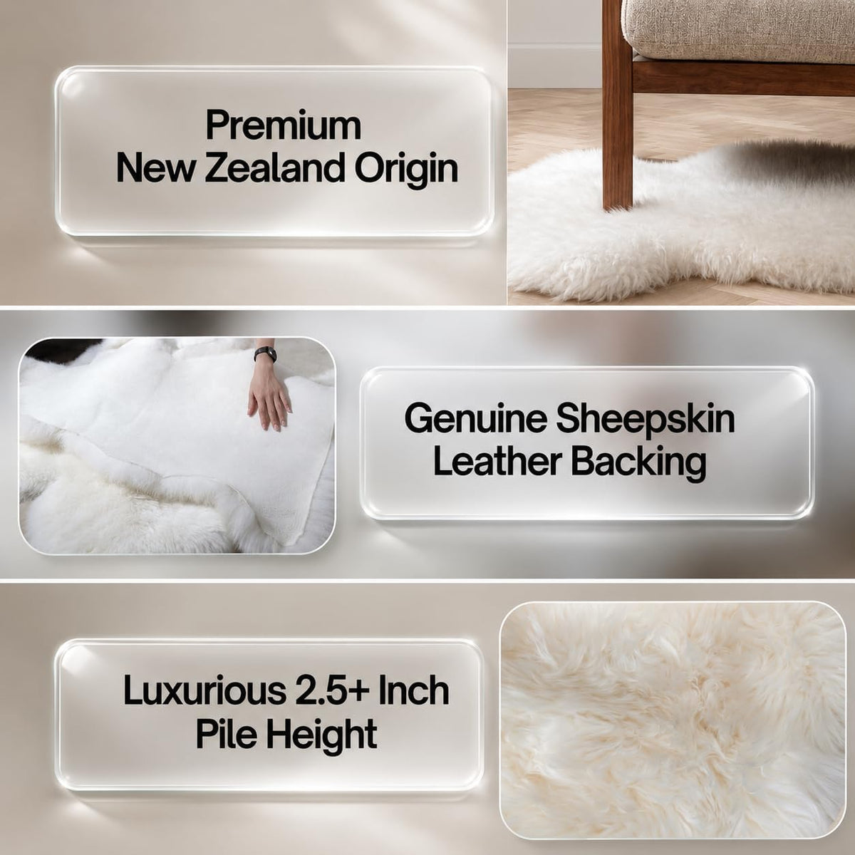 New Zealand sheepskin rug details: natural leather backing and 2.5-plus-inch wool pile