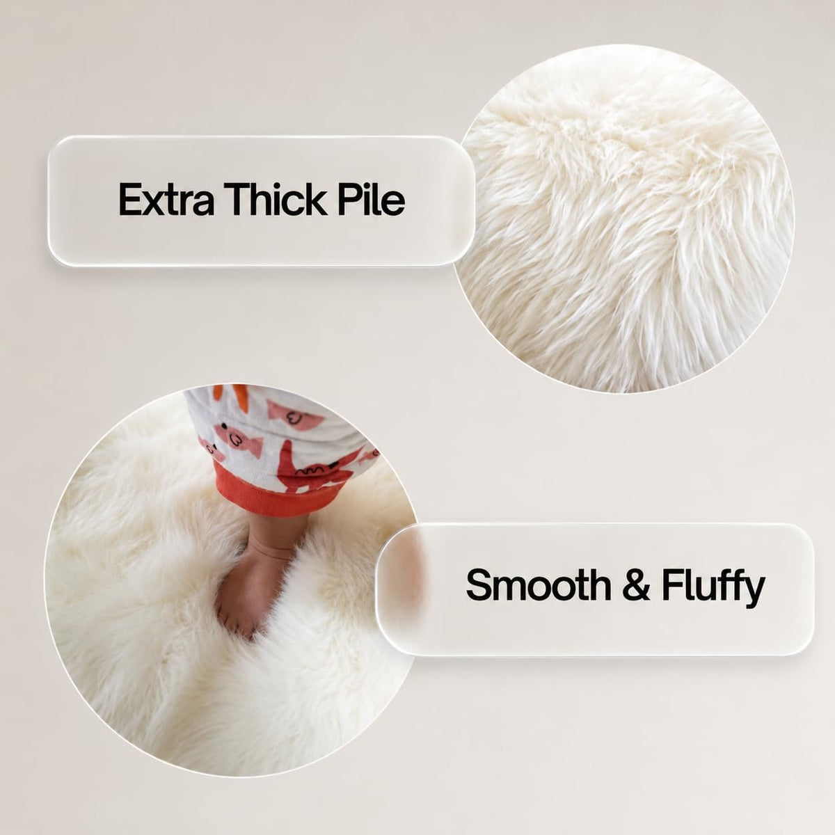 Close-up views of the ivory sheepskin rug’s thick, fluffy wool pile