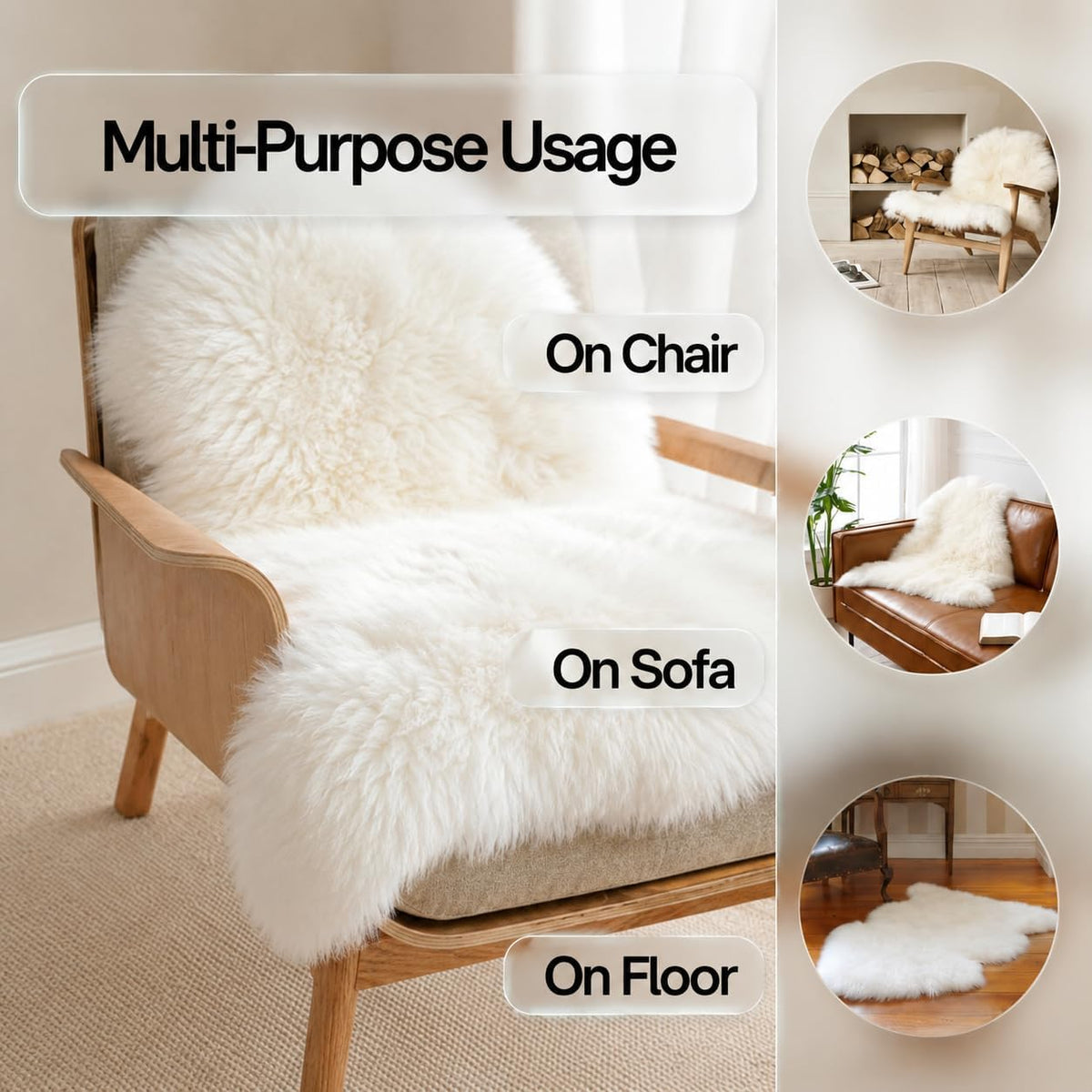 Ivory sheepskin rug styled on a chair, sofa and floor