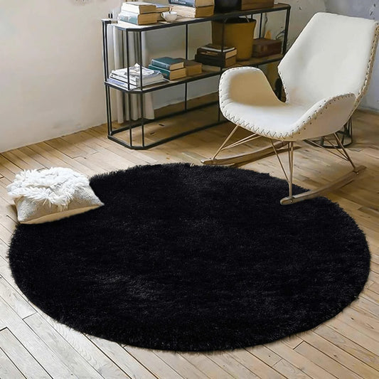 Black Round Fluffy Fur Rug-wefiner