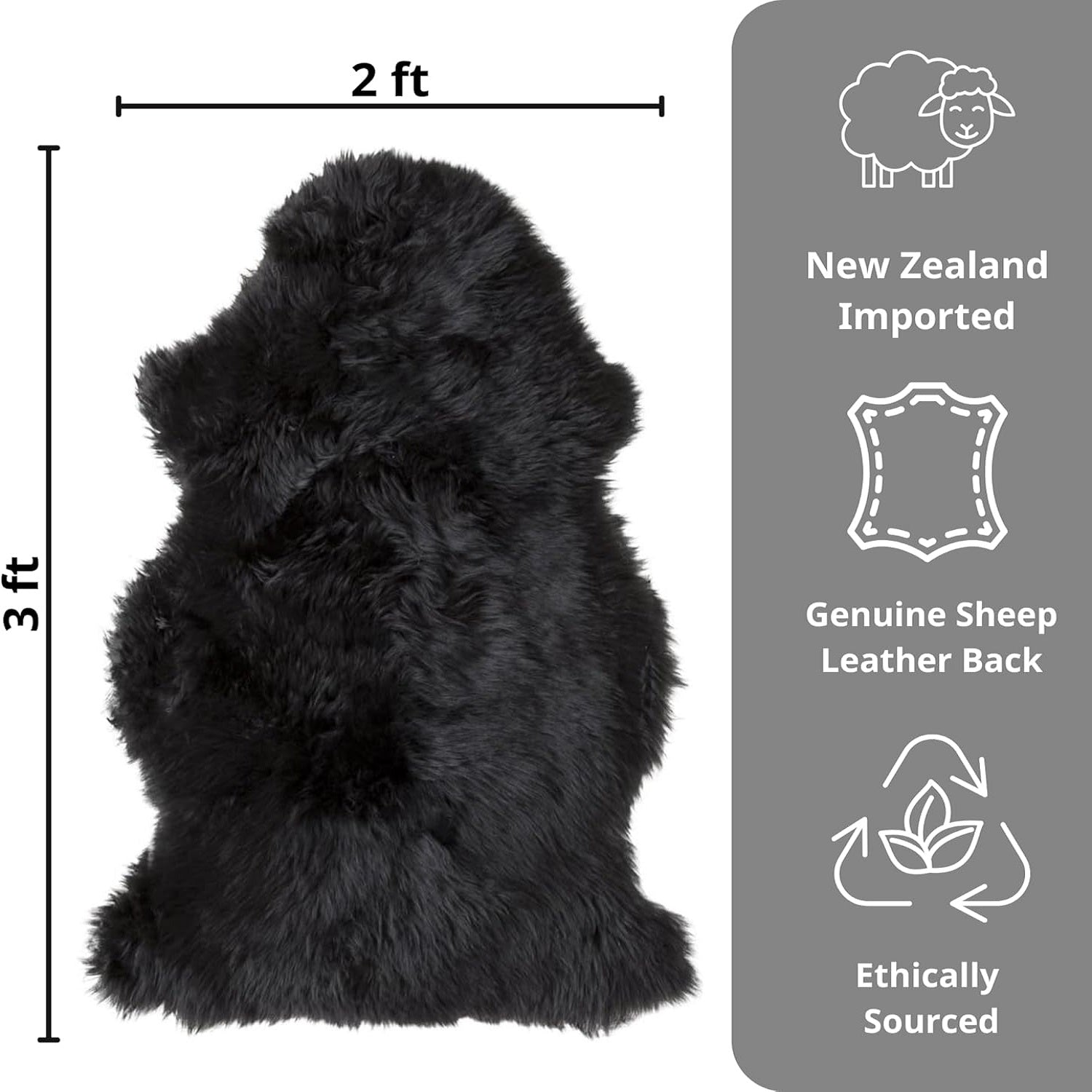 Black Sheepskin Rug – Genuine New Zealand Single Pelt, Natural Thick Pile Throw (2x3 ft)