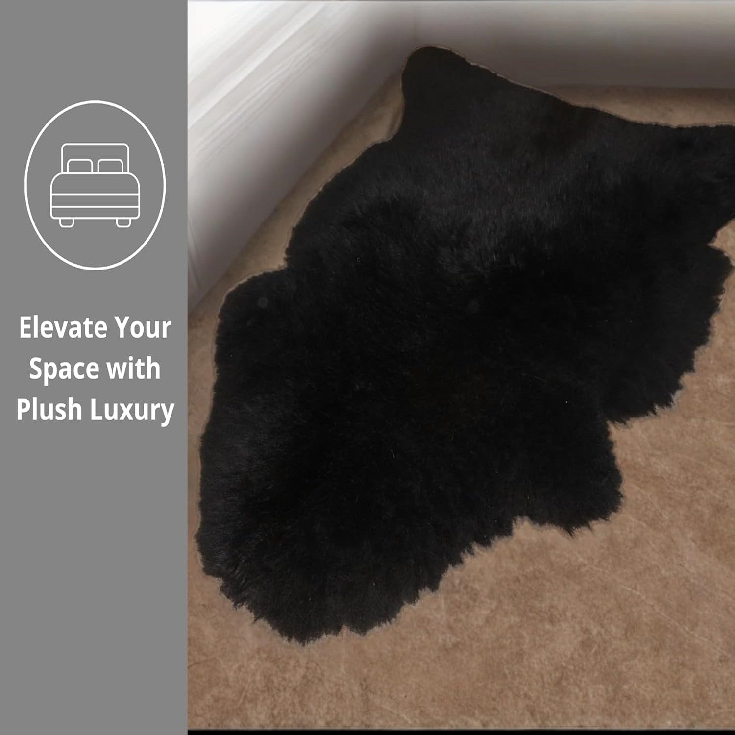 Black Sheepskin Rug – Genuine New Zealand Single Pelt, Natural Thick Pile Throw (2x3 ft)