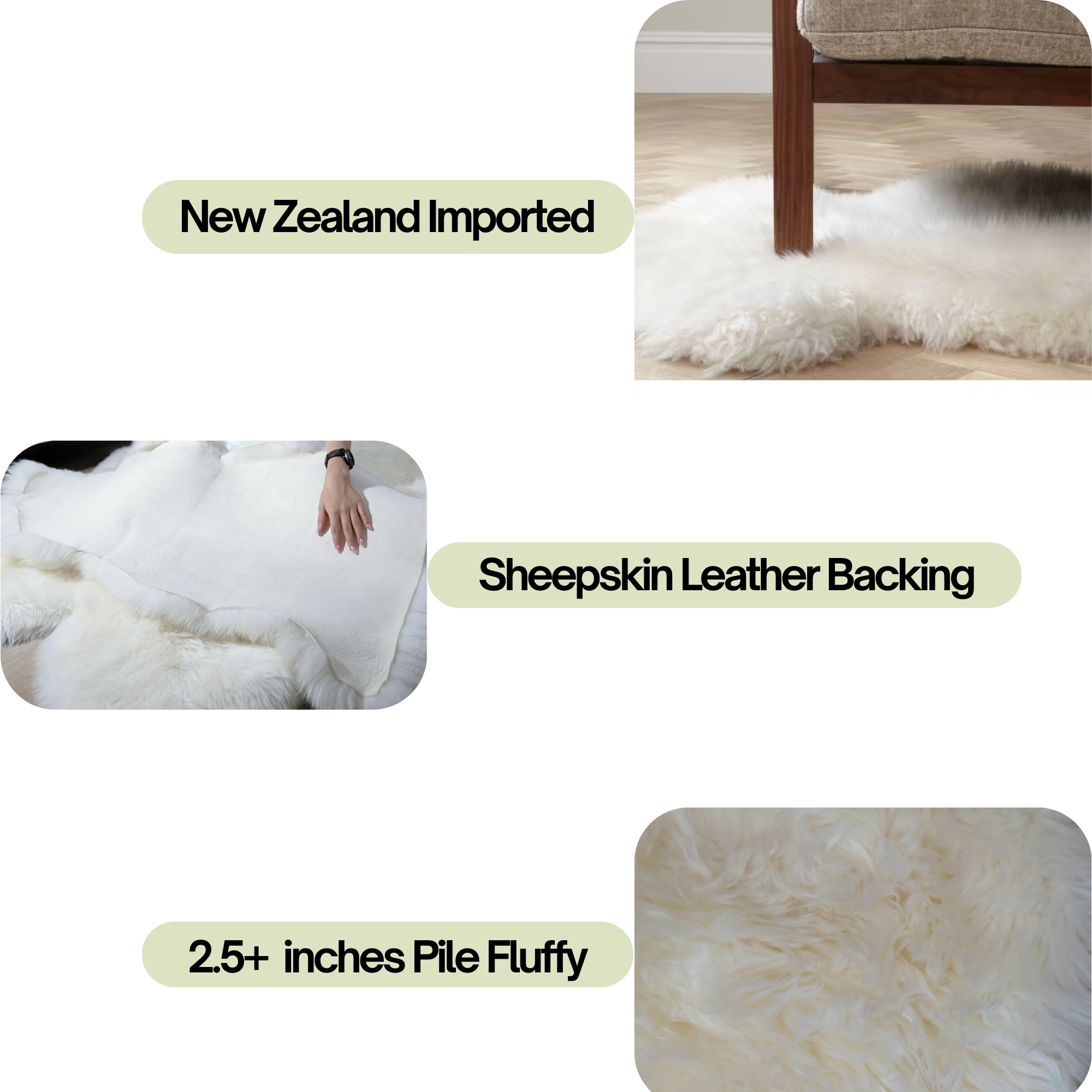 Sheepskin Rug, Genuine New Zealand Natural Thick Pile Single Pelt Sheep Skin Throw 2x3 ft