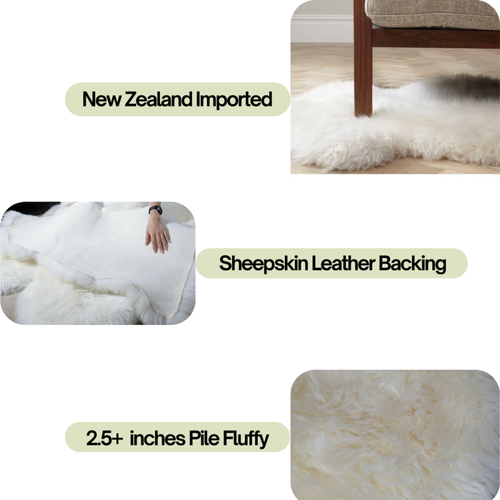 Sheepskin Rug, Genuine New Zealand Natural Thick Pile Single Pelt Sheep Skin Throw 2x3 ft